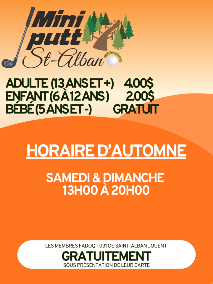 Horaire d'automne au Mini-Putt